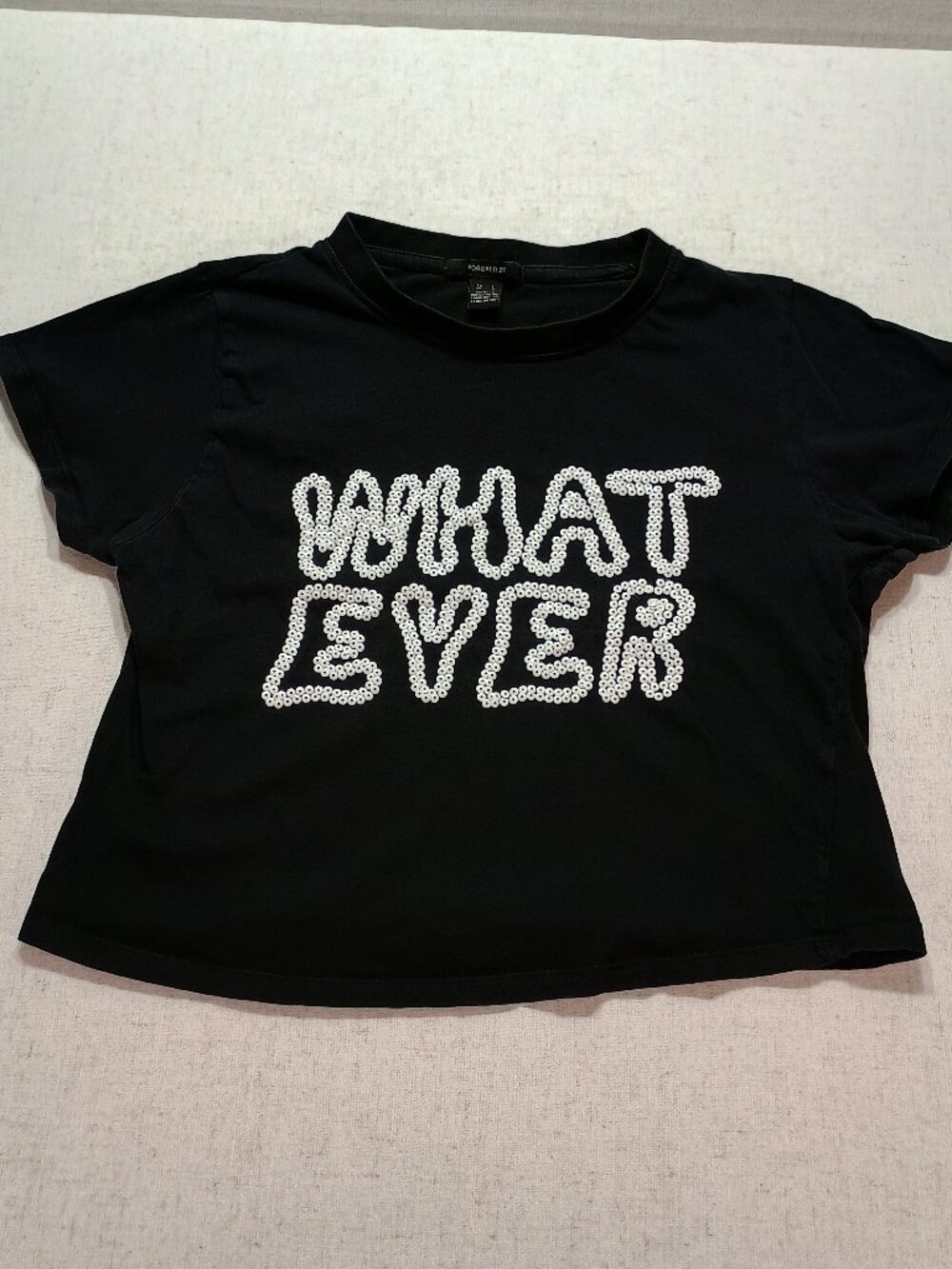 Forever 21 Whatever Graphic Cropped Tee Black Short Sleeve Size L Y2K Casual